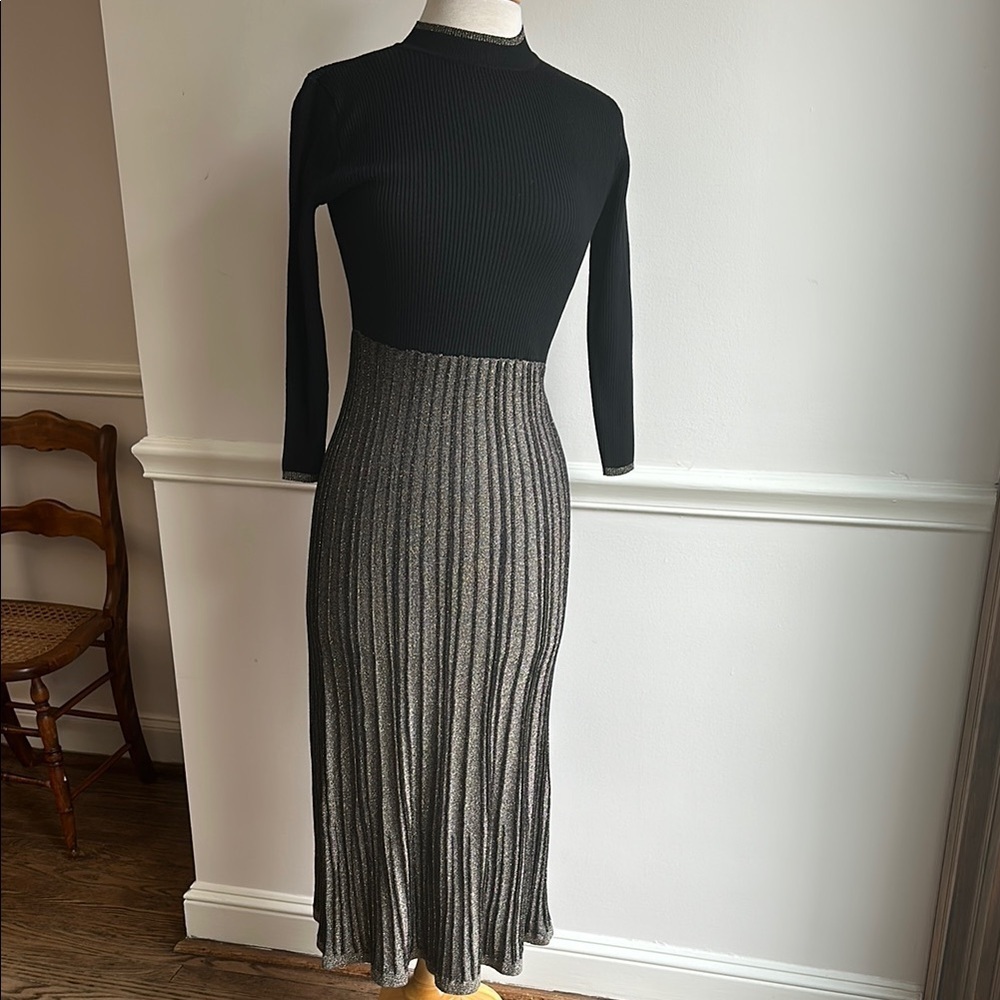 Saks Fifth Avenue Pleated Pencil Midi Dress Black Gold Metallic XS NWT